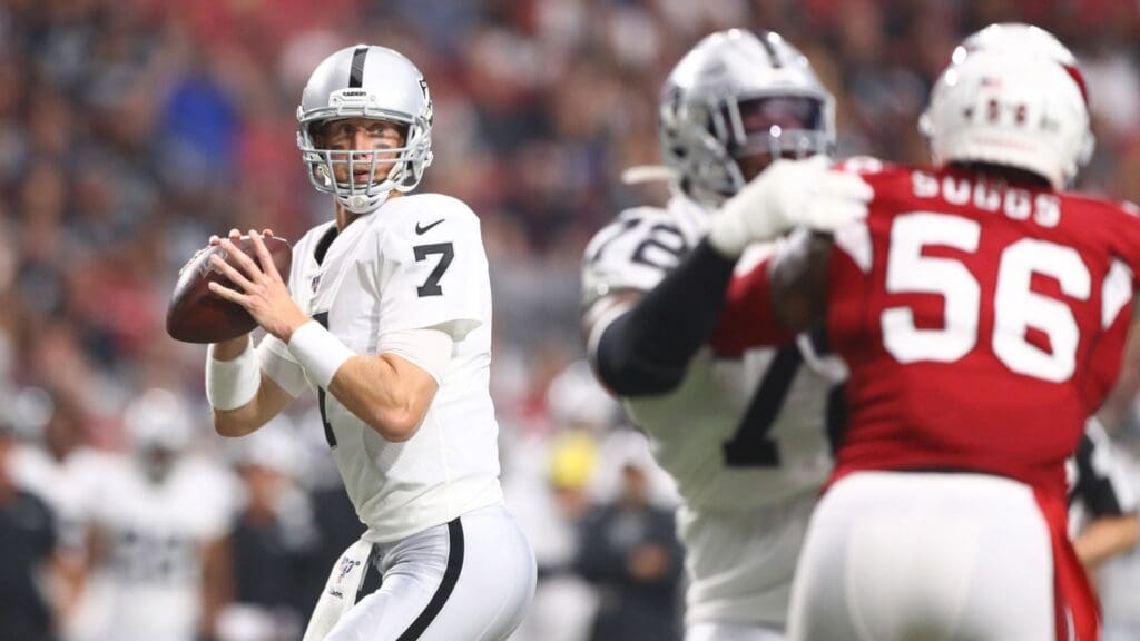 Aug 15, 2019; Glendale, AZ, USA; Oakland Raiders quarterback Mike Glennon (7) during a preseason game against the Arizona Cardinals at State Farm Stadium.