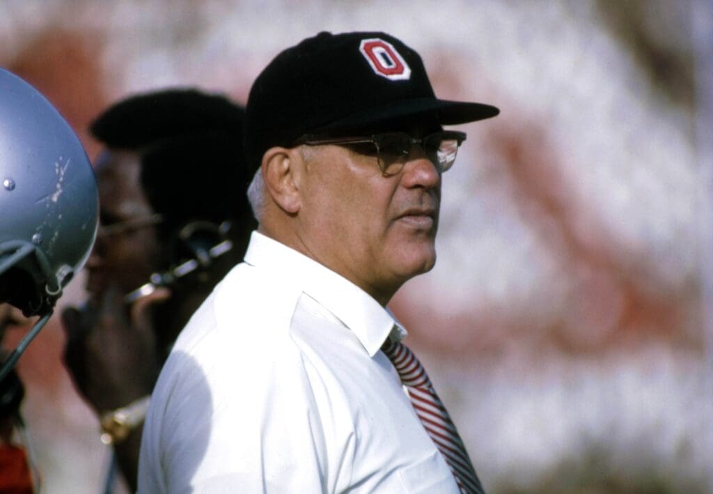 Nov 1970; Columbus, OH, USA; FILE PHOTO; Ohio State Buckeyes head coach Woody Hayes stands on the sidelines during the the 1970 season at Ohio Stadium.