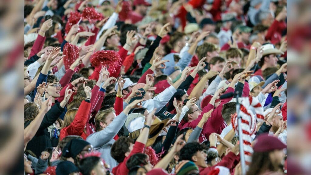 Nov 23, 2024; Norman, Oklahoma, USA; Oklahoma Sooners fans react during the fourth quarter against the Alabama Crimson Tide at Gaylord Family-Oklahoma Memorial Stadium.