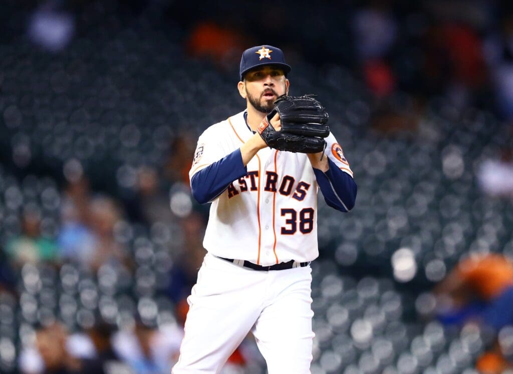 Aug 17, 2015; Houston, TX, USA; Houston Astros pitcher Oliver Perez against the Tampa Bay Rays at Minute Maid Park
