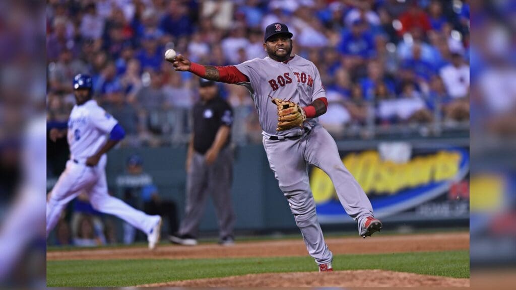 Jun 19, 2017; Kansas City, MO, USA; Boston Red Sox third basemen Pablo Sandoval (48) makes a throw to first for an out against the Kansas City Royals during the seventh inning at Kauffman Stadium.