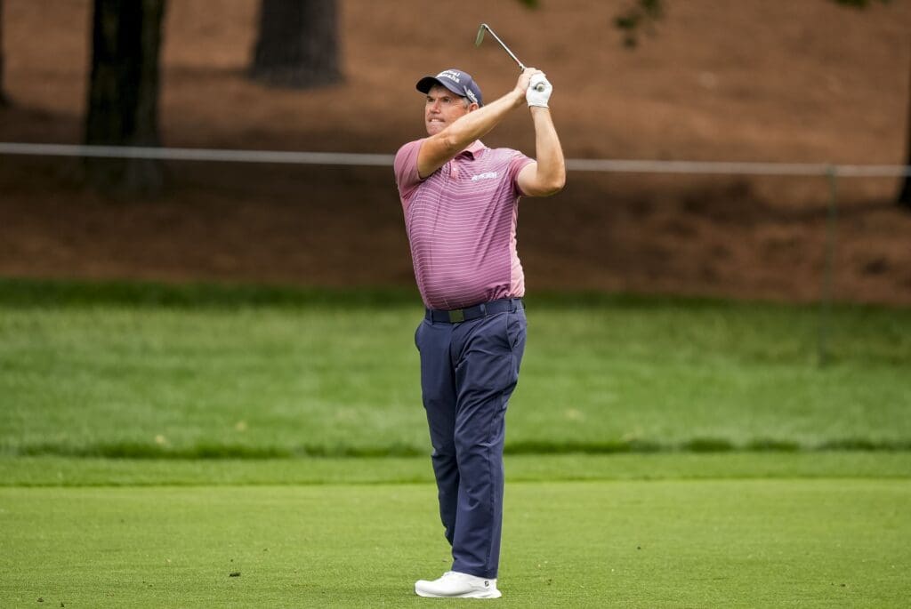 May 16, 2025; Charlotte, North Carolina, USA; Padraig Harrington on the second hole during the second round of the PGA Championship golf tournament at Quail Hollow.