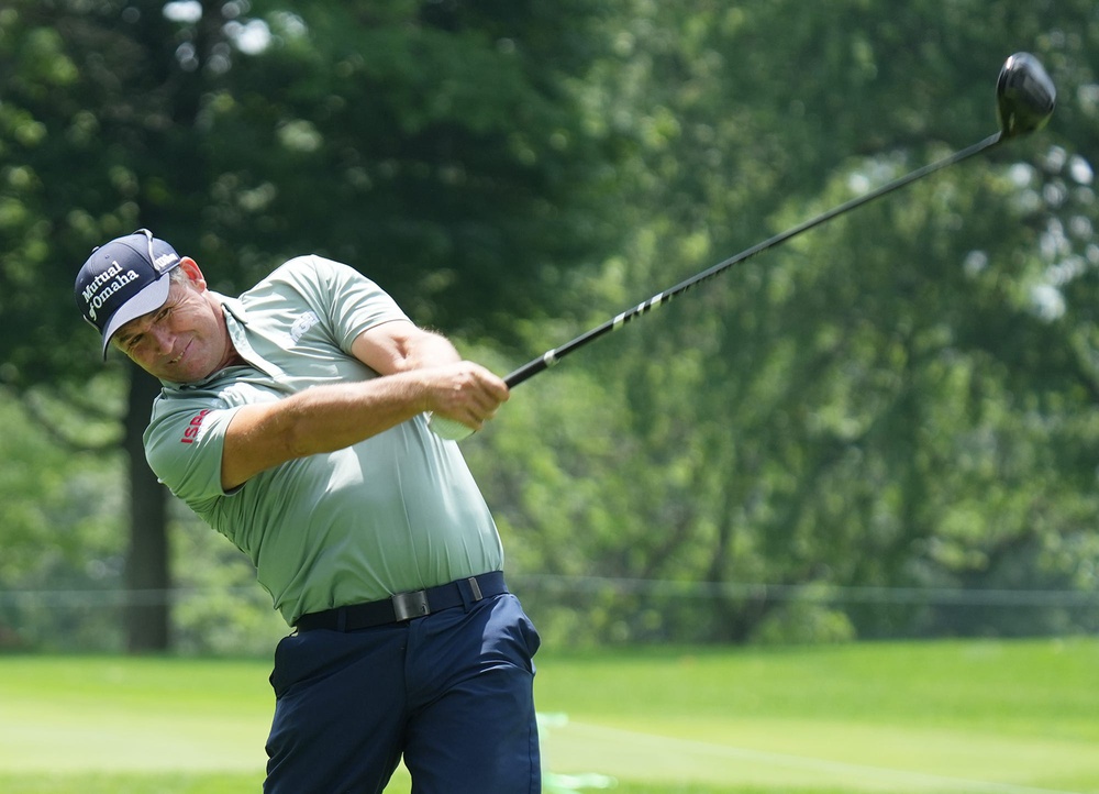 Padraig Harrington tees off during the Kaulig Companies Championship: Pro-Am at Firestone Country Club on Wednesday, June 18, 2025 in Akron