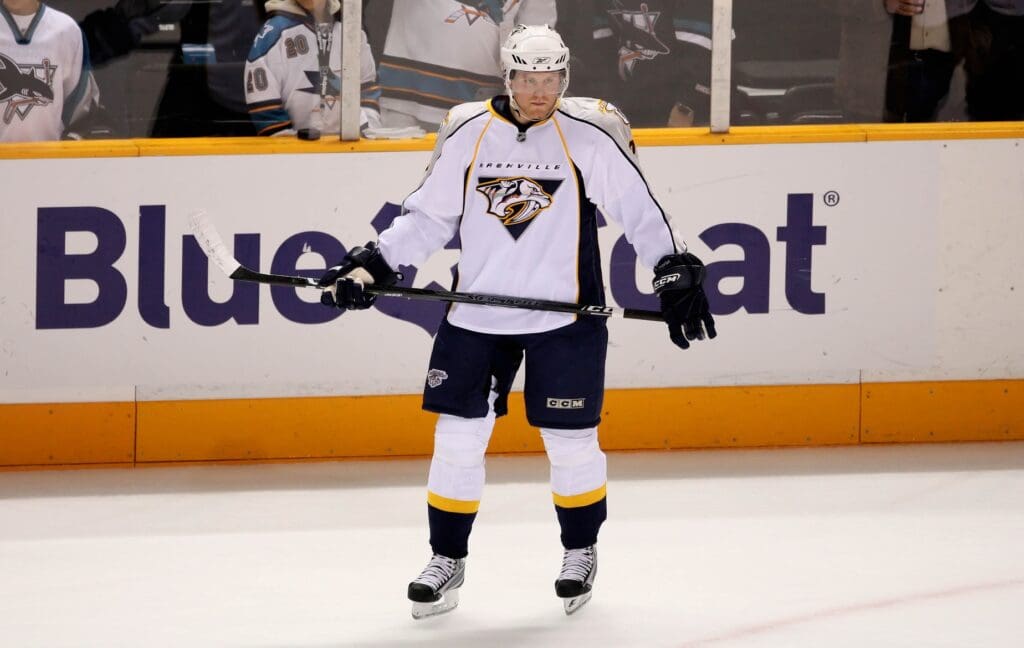 Nov. 11, 2008; San Jose, CA, USA; Nashville Predators right wing Patric Hornqvist (27) before the game against the San Jose Sharks at HP Pavilion in San Jose, CA. The Predators defeated the Sharks 4-3 in overtime.