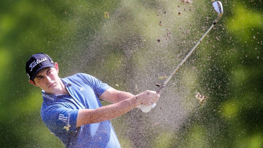 Apr 28, 2018; Avondale, LA, USA; Patrick Cantlay watches his shot from the 1st hole during the third round of the Zurich Classic of New Orleans golf tournament at TPC Louisiana.