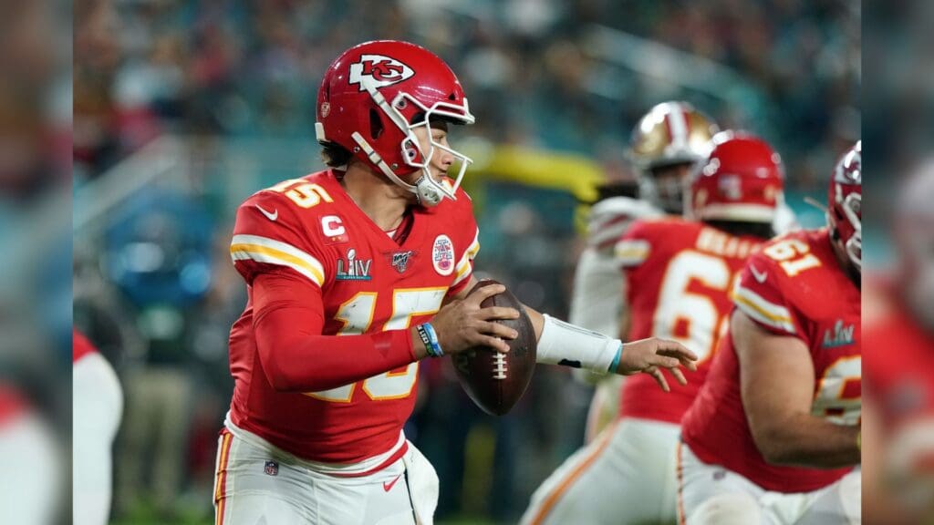 Feb 2, 2020; Miami Gardens, Florida, USA; Kansas City Chiefs quarterback Patrick Mahomes (15) prepares to throw the ball against the San Francisco 49ers during the third quarter in Super Bowl LIV at Hard Rock Stadium.