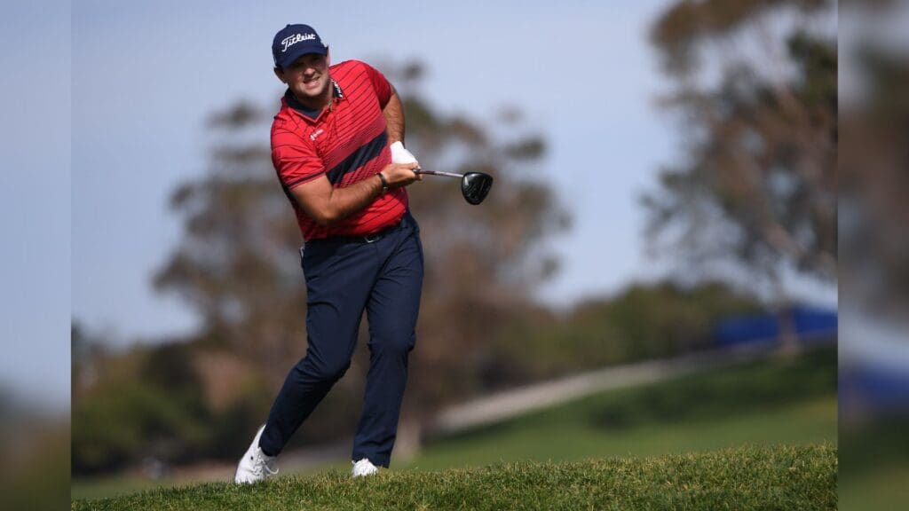 Jan 31, 2021; San Diego, California, USA; Patrick Reed watches his shot from the fifth tee during the final round of the Farmers Insurance Open golf tournament at Torrey Pines Municipal Golf Course - South Course.