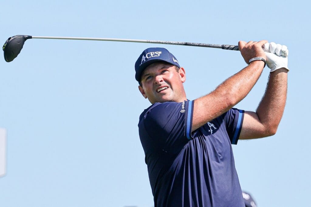 Aug 13, 2023; Bedminster, New Jersey, USA; Patrick Reed plays his shot from the tenth tee during the final round of the LIV Golf Bedminster golf tournament at Trump National Bedminster.