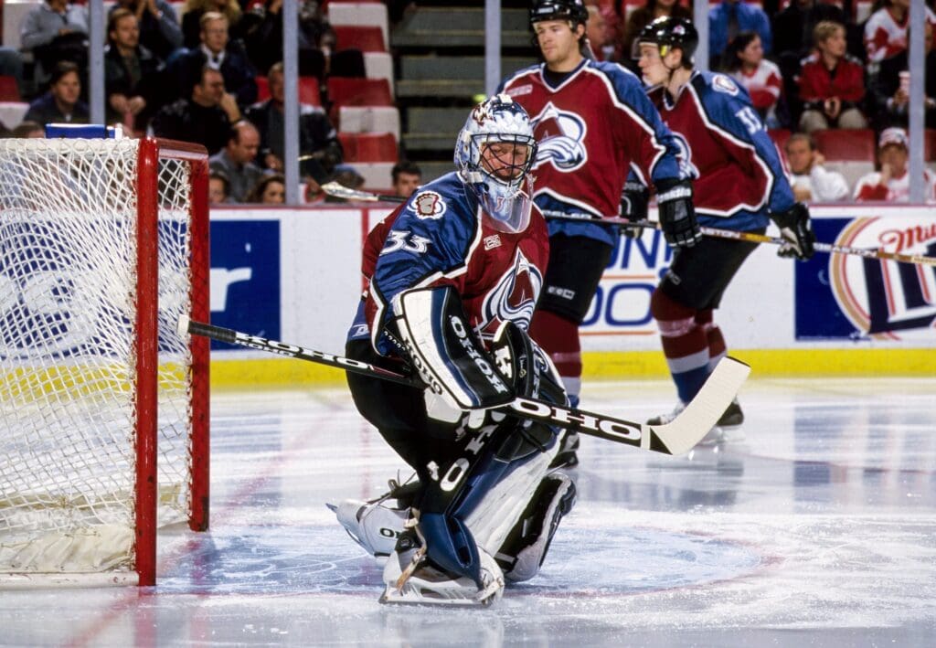 Feb 1, 2000; Miami, FL; USA; FILE PHOTO; Colorado Avalanche goalie Patrick Roy (33) in action during the 1999-00 season against the Detroit Red Wings at Miami Arena.