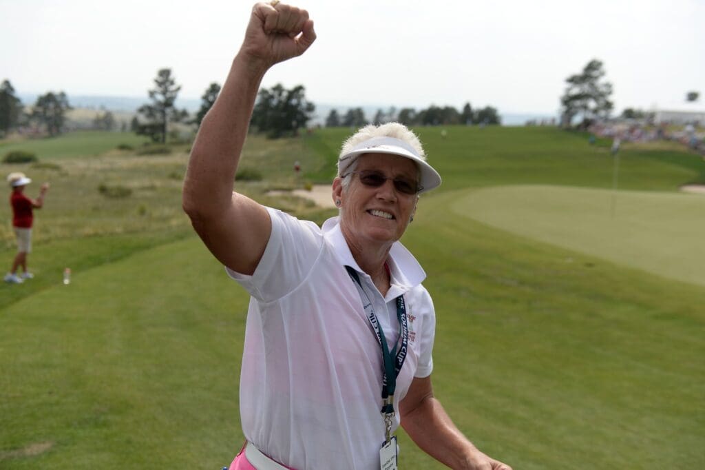 Aug 17, 2013; Parker, CO, USA; American professional golfer Patty Sheehan reacts to the crowd during the second round of the 2013 Solheim Cup at the Colorado Golf Club.