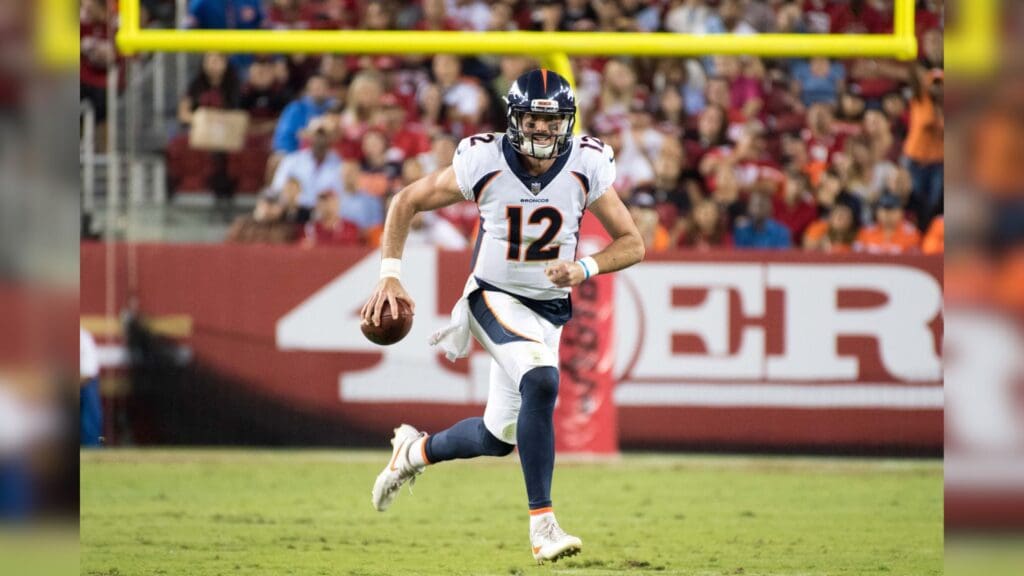 August 19, 2017; Santa Clara, CA, USA; Denver Broncos quarterback Paxton Lynch (12) during the second quarter against the San Francisco 49ers at Levi's Stadium. The Broncos defeated the 49ers 33-14.