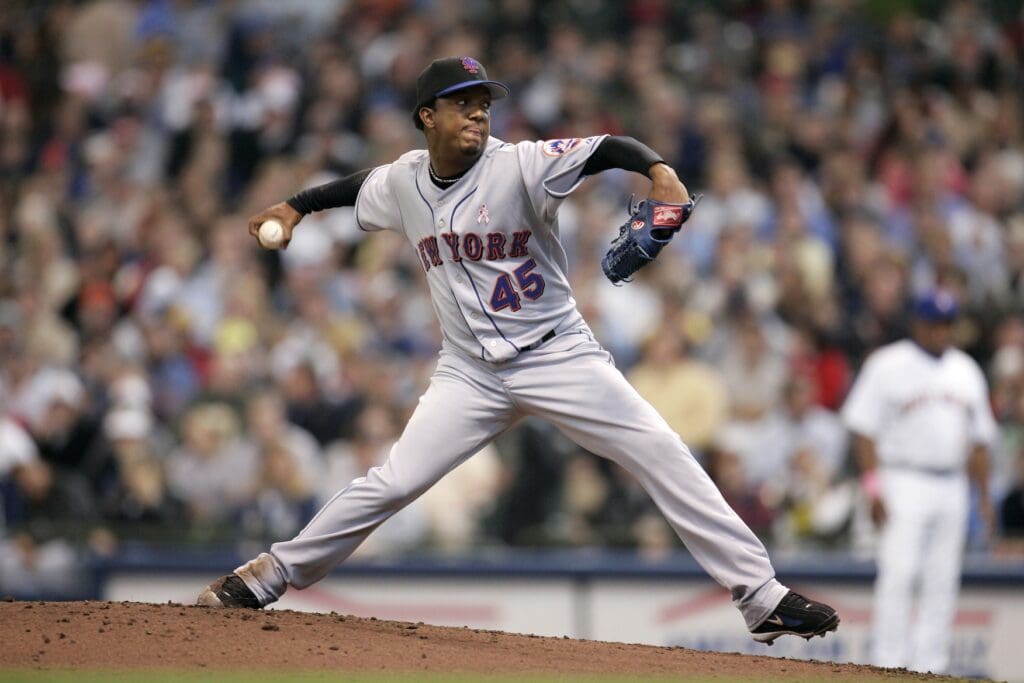 May 14, 2006; Milwaukee, WI, USA; New York Mets pitcher #45 Pedro Martinez pitches to the Milwaukee Brewers at Miller Park.