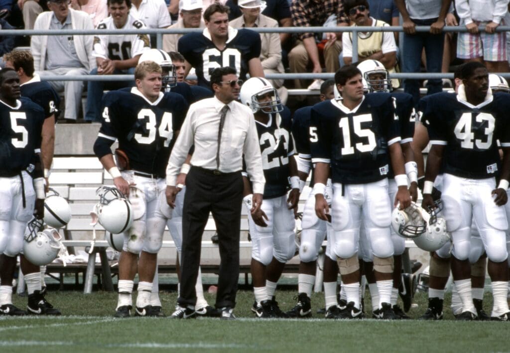 Sept 1987, State College, PA, USA; FILE PHOTO; Penn State Nittany Lions head coach Joe Paterno watches from the sidelines at Beaver Stadium during the 1987 season.