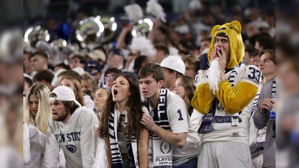 Jan 9, 2025; Miami, FL, USA; Penn State Nittany Lions fans reacts in the second half against the Notre Dame Fighting Irish in the Orange Bowl at Hard Rock Stadium.