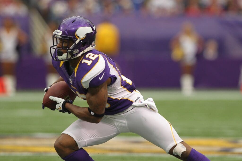 Sep 23, 2012; Minneapolis, MN, USA; Minnesota Vikings wide receiver Percy Harvin (12) against the San Francisco 49ers at the Metrodome. The Vikings defeated the 49ers 24-13.