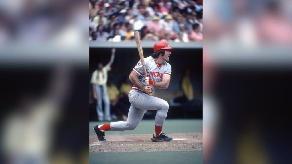 1976; Unknown location, USA; FILE PHOTO; Cincinnati Reds outfielder Pete Rose in action at the plate during the 1976 season.