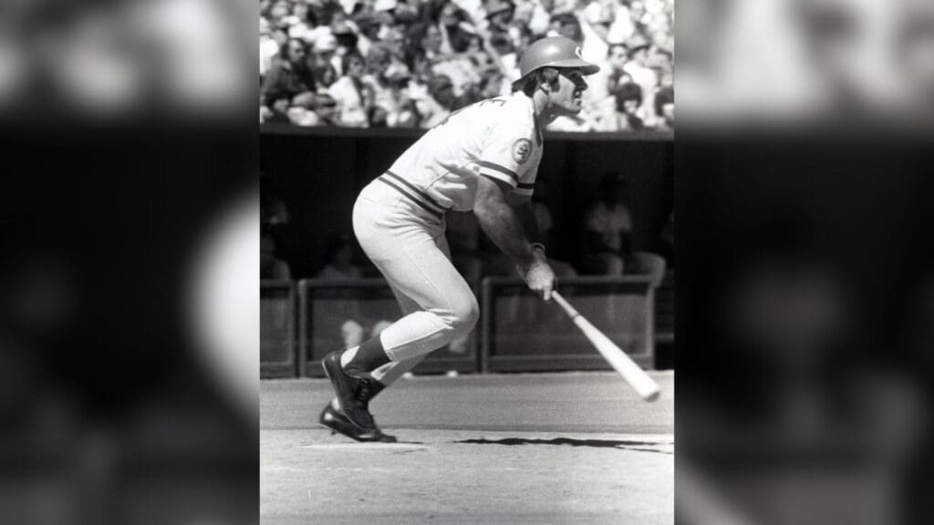 Jun 1970; Cincinnati, OH, USA; FILE PHOTO; Cincinnati Reds infielder Pete Rose (14) at bat during the 1970 season at Riverfront Stadium.