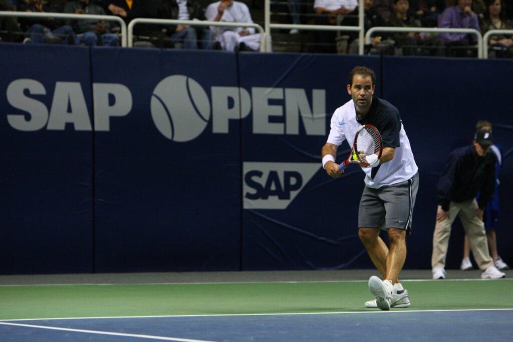 Feb. 18, 2008; San Jose, CA, USA; Pete Sampras (USA) serves the ball to Tommy Haas (GER), not pictured, in the exhibition match during the SAP Open men's tennis tournament at HP Pavilion in San Jose, CA. Sampras defeated Haas 6-4, 6-2.