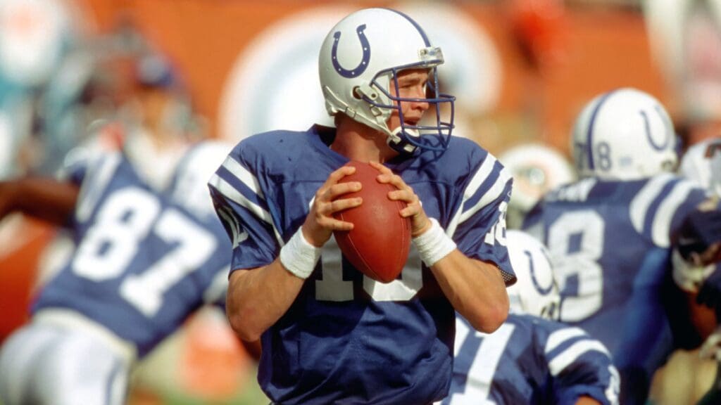 Nov 8, 1998; Miami, FL, USA; FILE PHOTO; Indianapolis Colts quarterback (18) Peyton Manning in action against the Miami Dolphins at Pro Player Stadium. The Dolphins defeated the Colts 27-14.