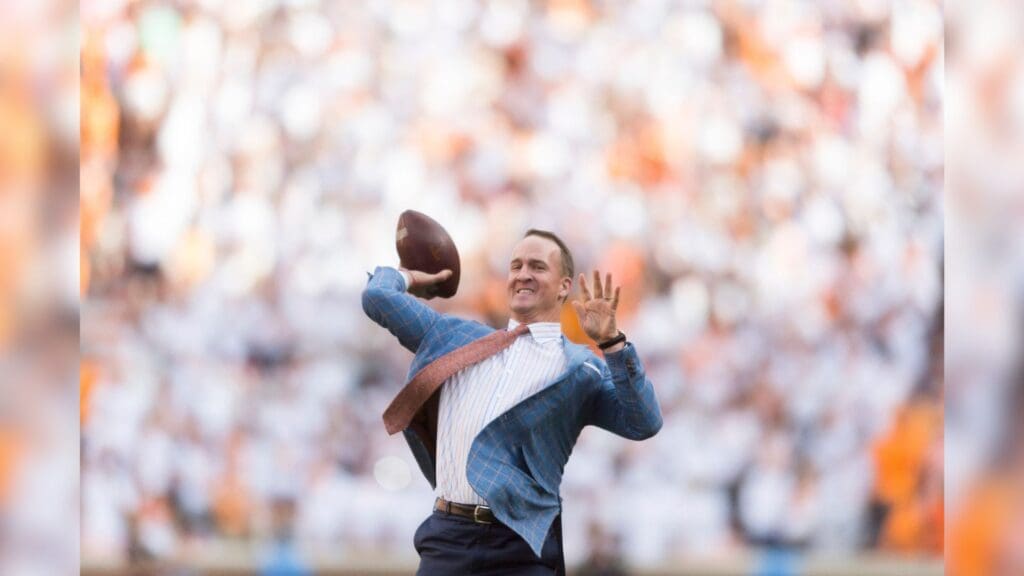 Peyton Manning throws the ball during halftime during the Tennessee Volunteers vs. Georgia Bulldogs game at Neyland Stadium in Knoxville, Tennessee on Saturday, September 30, 2017.
