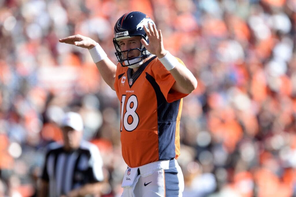 Oct 27, 2013; Denver, CO, USA; Denver Broncos quarterback Peyton Manning (18) asks the crowd to quiet down near the goal line in the first quarter against the Washington Redskins at Sports Authority Field at Mile High.