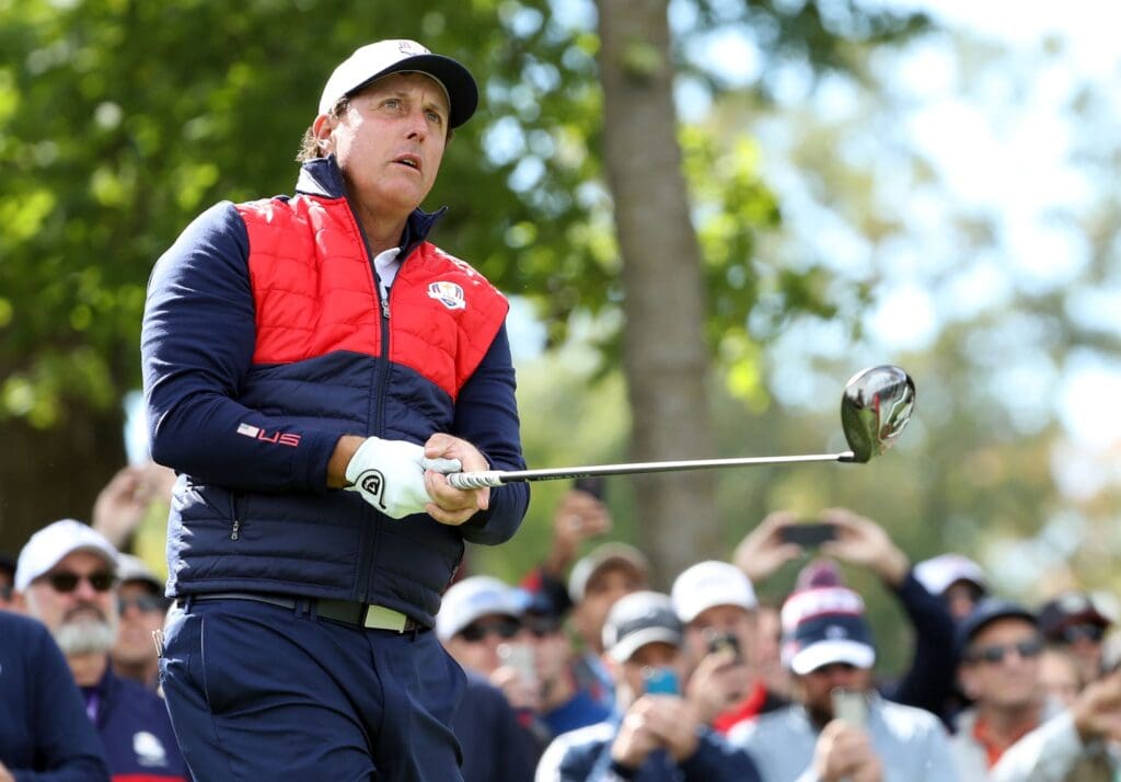 Sep 27, 2016; Chaska, MN, USA; Phil Mickelson of the United States plays his shot from the sixth tee during a practice for the 41st Ryder Cup at Hazeltine National Golf Club. 
