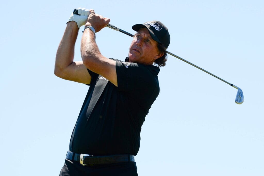 Jun 17, 2018; Southampton, NY, USA; Phil Mickelson tees off the twelfth hole during the final round of the U.S. Open golf tournament at Shinnecock Hills GC - Shinnecock Hills Golf C.