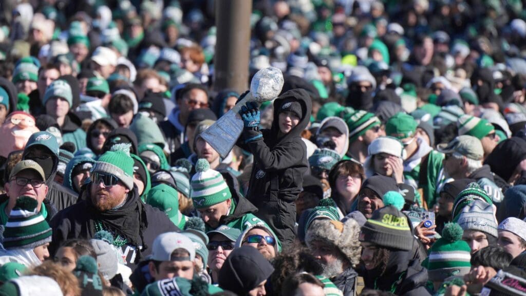 Feb 14, 2025; Philadelphia, PA, USA; Philadelphia Eagles fans watch during the Super Bowl LIX championship rally at the Philadelphia Museum of Art.