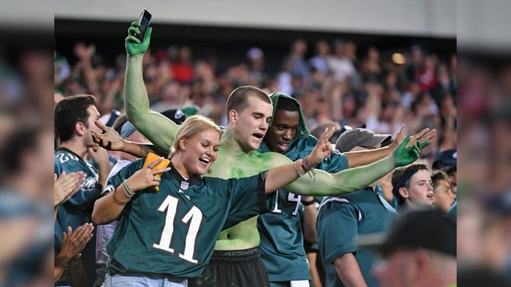 Sep 6, 2018; Philadelphia, PA, USA; Philadelphia Eagles fans celebrate touchdown during the third quarter against the Atlanta Falcons at Lincoln Financial Field. 