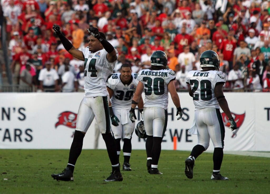 December 9, 2012; Tampa, FL, USA; Philadelphia Eagles cornerback Nnamdi Asomugha (24) and teammates react after the Eagles scored the game-winning touchdown as time expired during the second half against the Tampa Bay Buccaneers at Raymond James Stadium. The Eagles won 23-21.