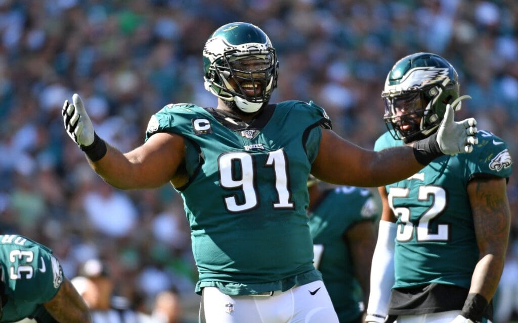 Sep 8, 2019; Philadelphia, PA, USA; Philadelphia Eagles defensive tackle Fletcher Cox (91) encourages the crowd against the Washington Redskins during the fourth quarter at Lincoln Financial Field.