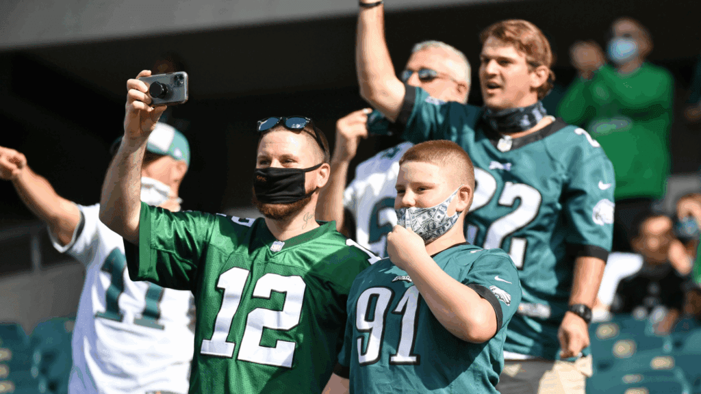 Oct 18, 2020; Philadelphia, Pennsylvania, USA; Philadelphia Eagles fans cheer during game against the Baltimore Ravens at Lincoln Financial Field.