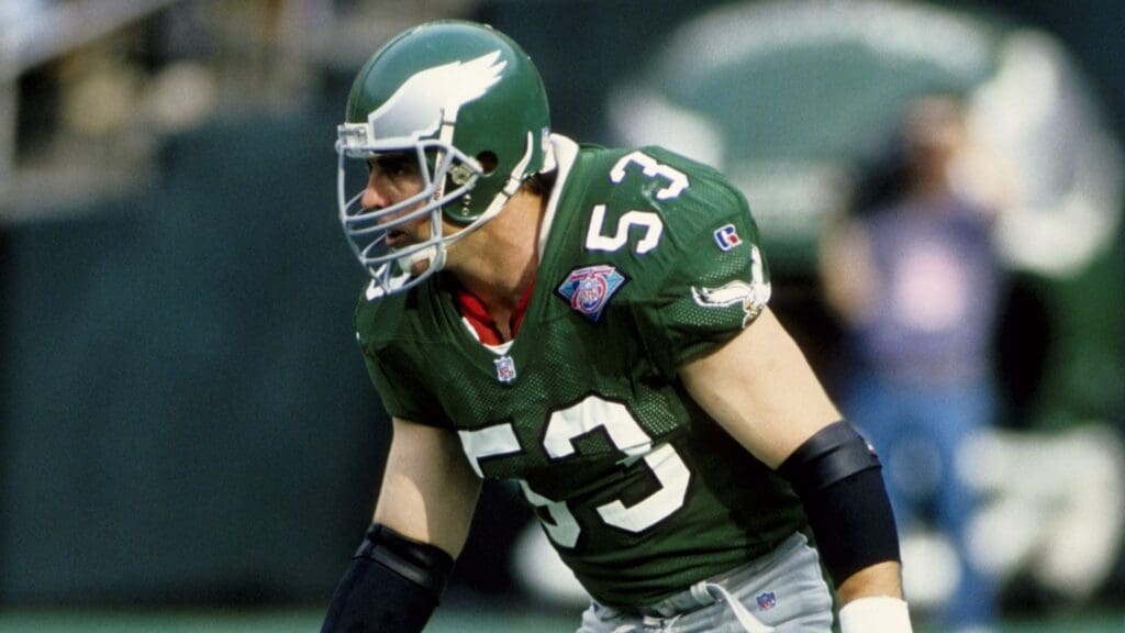 Dec 4, 1994; Philadelphia, PA, USA; FILE PHOTO; Philadelphia Eagles linebacker Bill Romanowski (53) in action against the Dallas Cowboys at Veterans Stadium. The Cowboys defeated the Eagles 31-19.