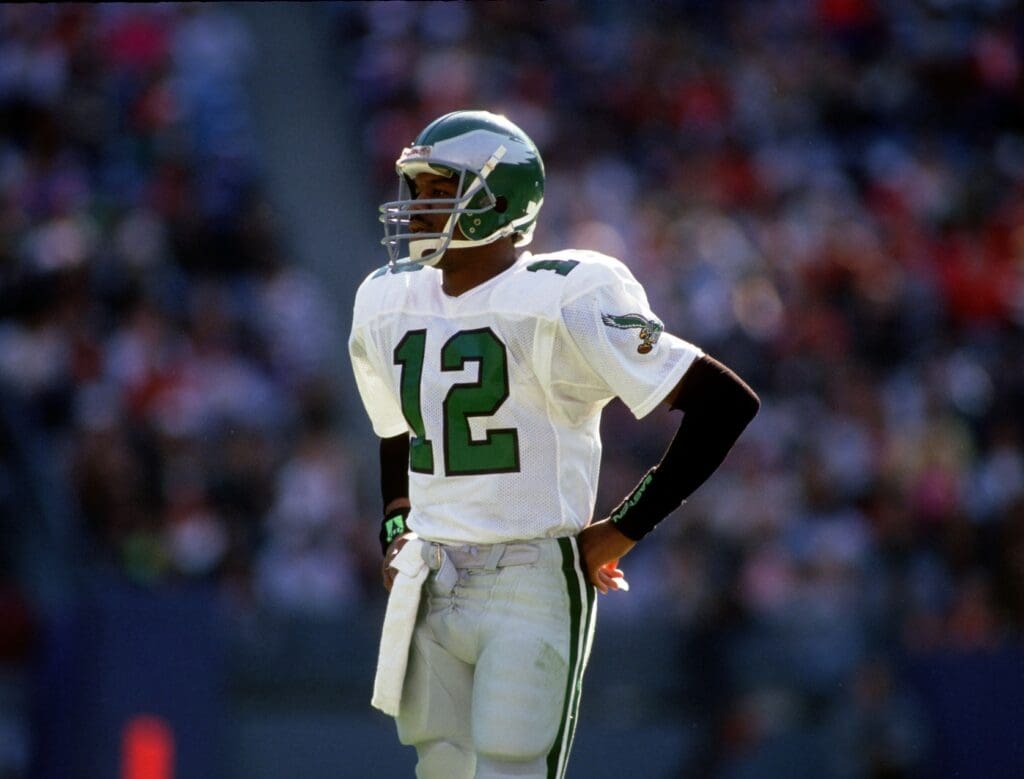 Nov 18, 1990; Philadelphia, PA, USA; FILE PHOTO; Philadelphia Eagles quarterback (7) Randall Cunningham in action against the Atlanta Falcons at Futton County Stadium
