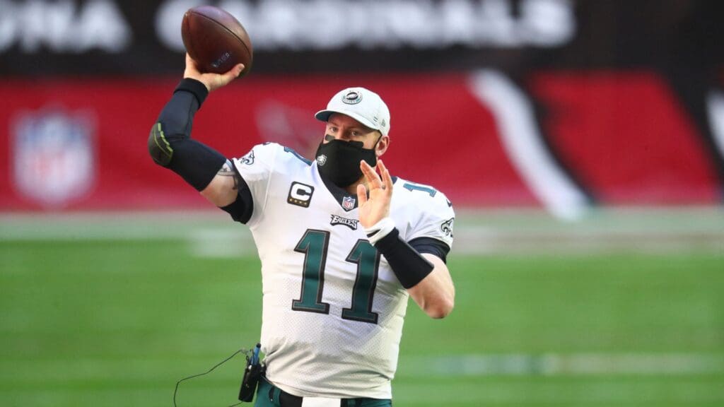 Dec 20, 2020; Glendale, Arizona, USA; Philadelphia Eagles quarterback Carson Wentz (11) against the Arizona Cardinals at State Farm Stadium.
