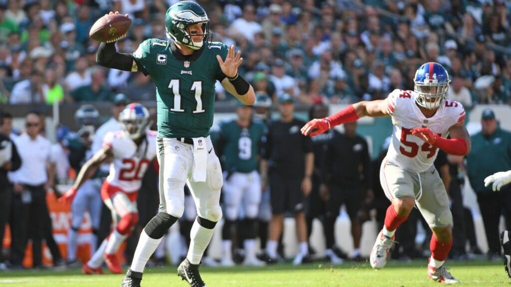Sep 24, 2017; Philadelphia, PA, USA; Philadelphia Eagles quarterback Carson Wentz (11) throws a pass during the fourth quarter against the New York Giants at Lincoln Financial Field.