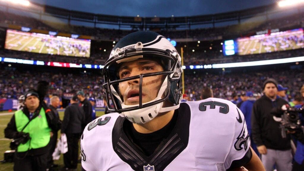 Dec 28, 2014; East Rutherford, NJ, USA; Philadelphia Eagles quarterback Mark Sanchez (3) leaves the field after a game against the New York Giants at MetLife Stadium. The Eagles defeated the Giants 34-26.