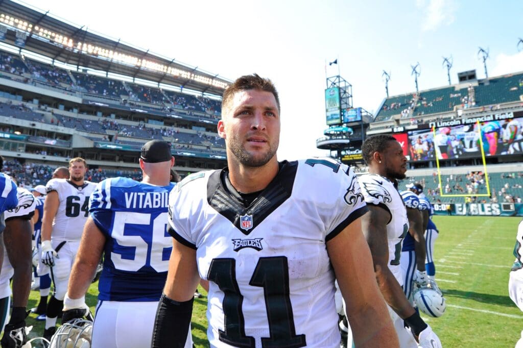 Aug 16, 2015; Philadelphia, PA, USA; Philadelphia Eagles quarterback Tim Tebow (11) after a preseason NFL football game against the Indianapolis Colts at Lincoln Financial Field.