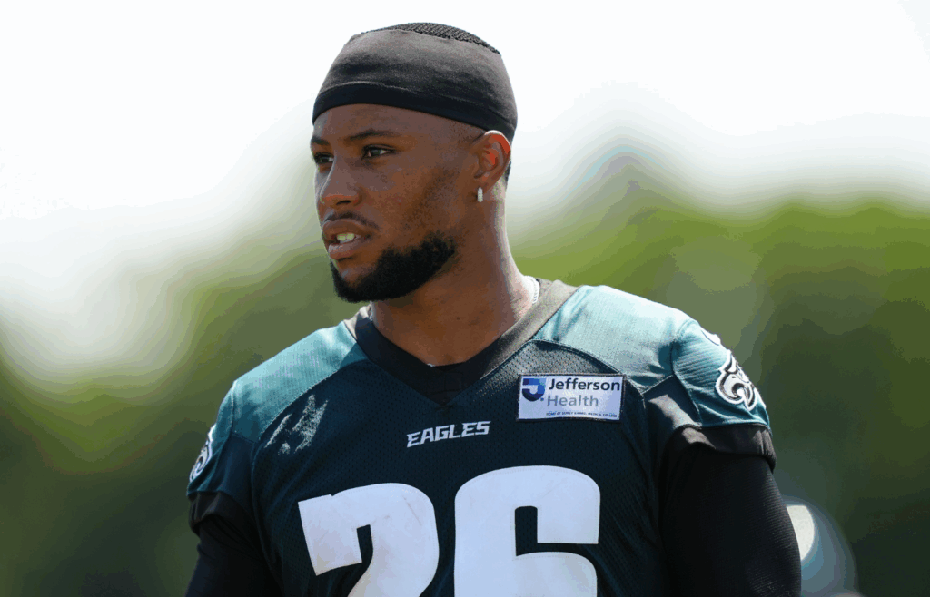 Jul 24, 2025; Philadelphia, PA, USA; Philadelphia Eagles running back Saquon Barkley (26) looks on during training camp at NovaCare Complex