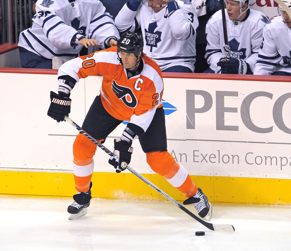 October 24, 2011; Philadelphia, PA USA; Philadelphia Flyers defenseman Chris Pronger (20) against the Toronto Maple Leafs during game at the Wells Fargo Center in Philadelphia. The Flyers defeated the Maple Leafs 4-2.