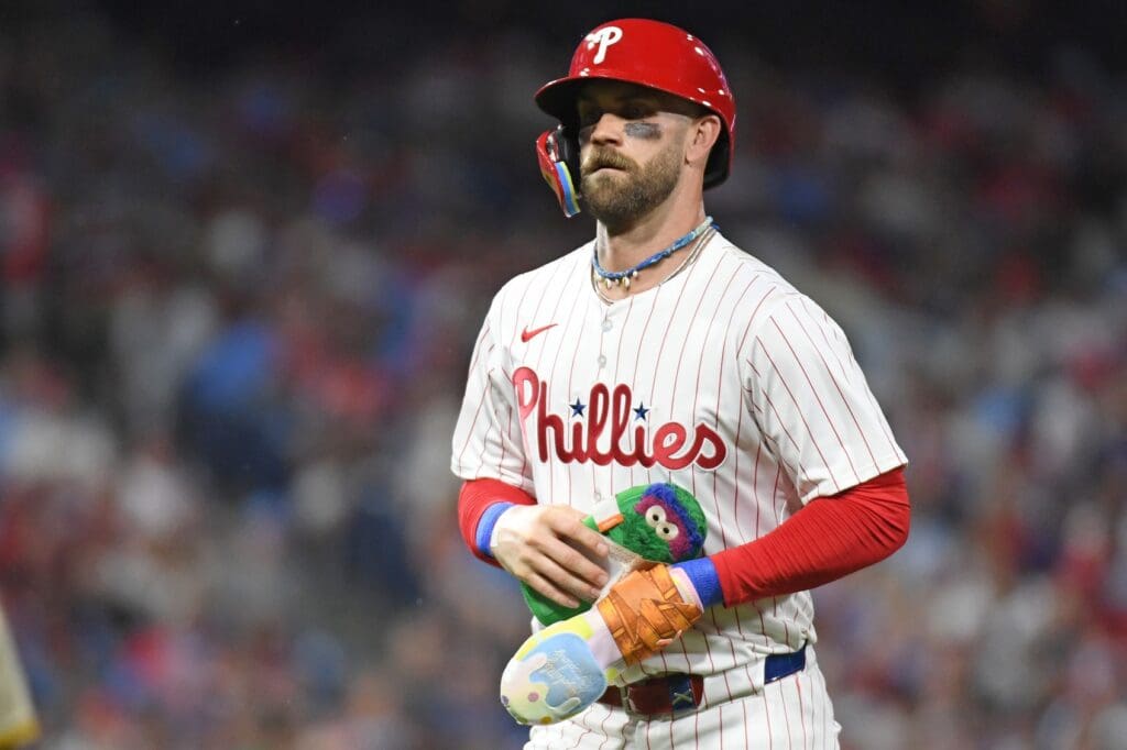 Jun 30, 2025; Philadelphia, Pennsylvania, USA; Philadelphia Phillies first base Bryce Harper (3) runs off the field after being forced out at second based8i against the San Diego Padres at Citizens Bank Park.