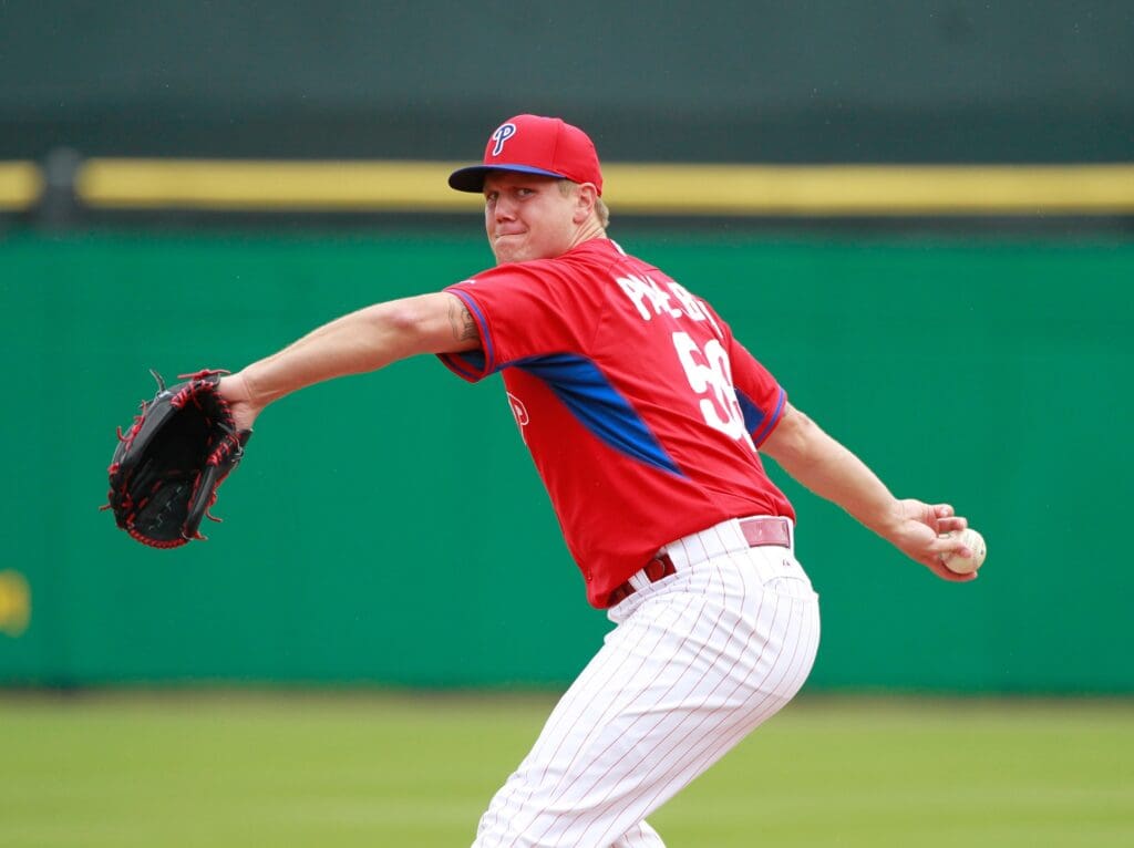 Mar 27, 2015; Clearwater, FL, USA; Philadelphia Phillies relief pitcher Jonathan Papelbon (58) throws a pitch against the New York Yankees at Bright House Field.