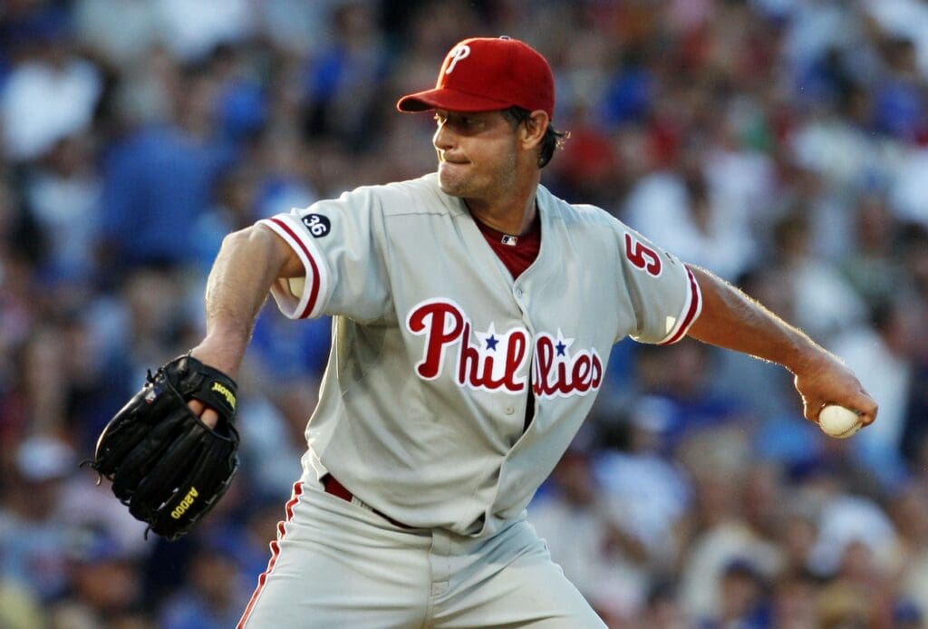 July 15, 2010; Chicago, IL, USA; Philadelphia Phillies starting pitcher Jamie Moyer throws during the third inning against the Chicago Cubs at Wrigley Field. 