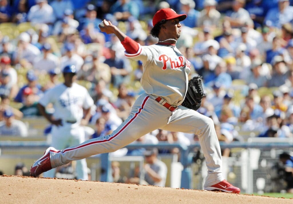 October 16, 2009; Los Angeles, CA, USA; Philadelphia Phillies starting pitcher Pedro Martinez (45) throws during the first inning of game two of the 2009 NLCS against the Los Angeles Dodgers at Dodger Stadium. 