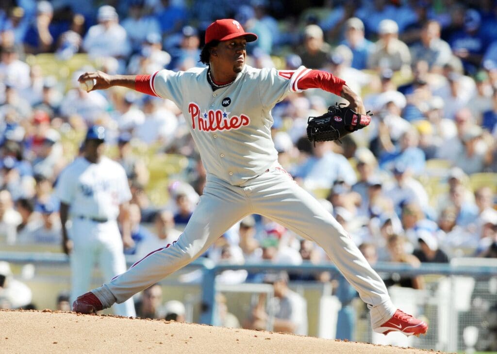 October 16, 2009; Los Angeles, CA, USA; Philadelphia Phillies starting pitcher Pedro Martinez (45) throws during the first inning of game two of the 2009 NLCS against the Los Angeles Dodgers at Dodger Stadium.