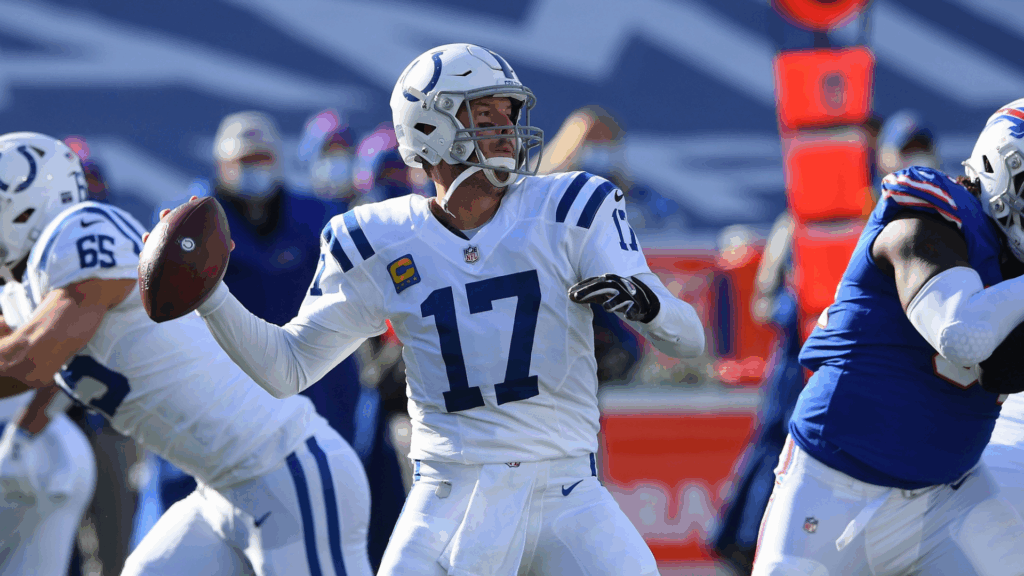 Jan 9, 2021; Orchard Park, New York, USA; Indianapolis Colts quarterback Philip Rivers (17) throws against the Buffalo Bills during the first half in the AFC Wild Card game at Bills Stadium