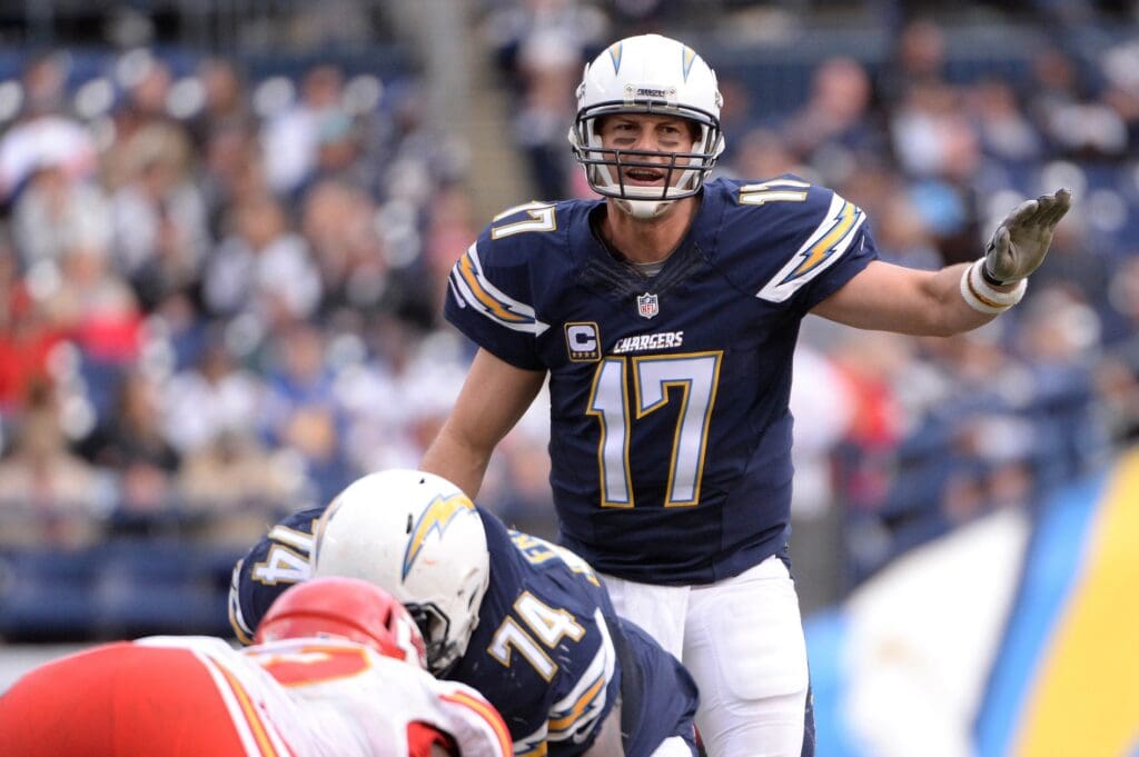 Jan 1, 2017; San Diego, CA, USA; San Diego Chargers quarterback Philip Rivers (17) signals before the snap during the first half of the game against the Kansas City Chiefs at Qualcomm Stadium. The Chiefs won 37-27.