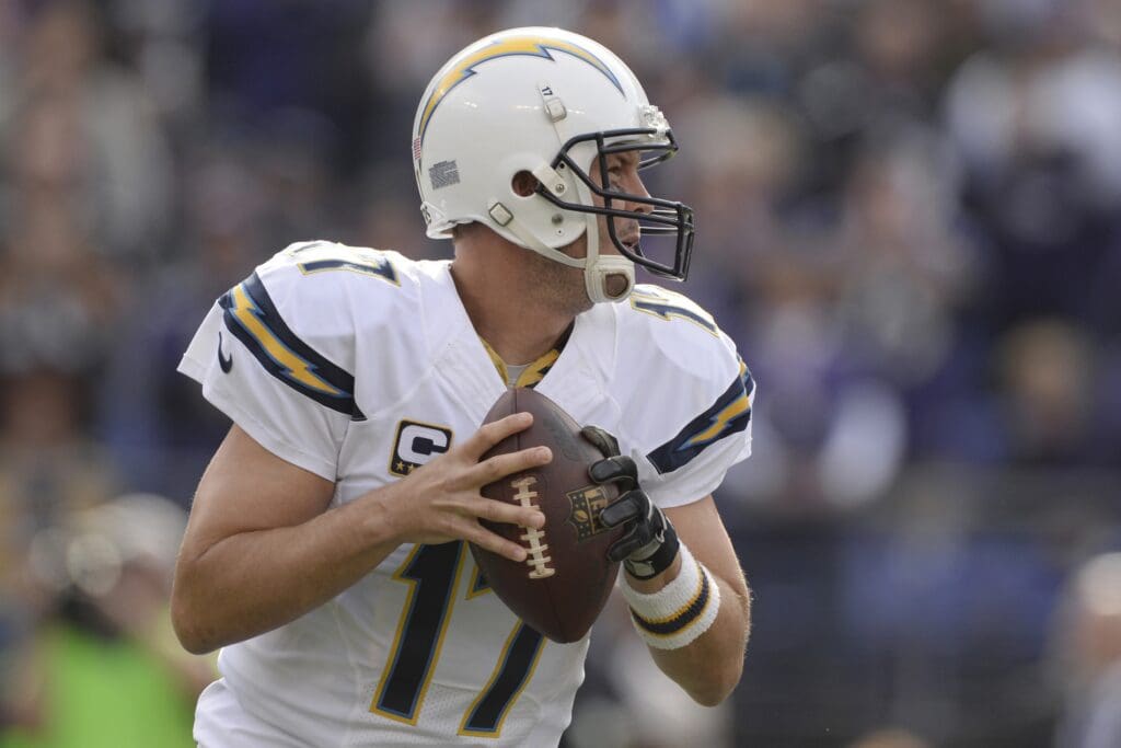 Nov 1, 2015; Baltimore, MD, USA; San Diego Chargers quarterback Philip Rivers (17) prepares to throw the ball during the first quarter against the Baltimore Ravens at M&T Bank Stadium.