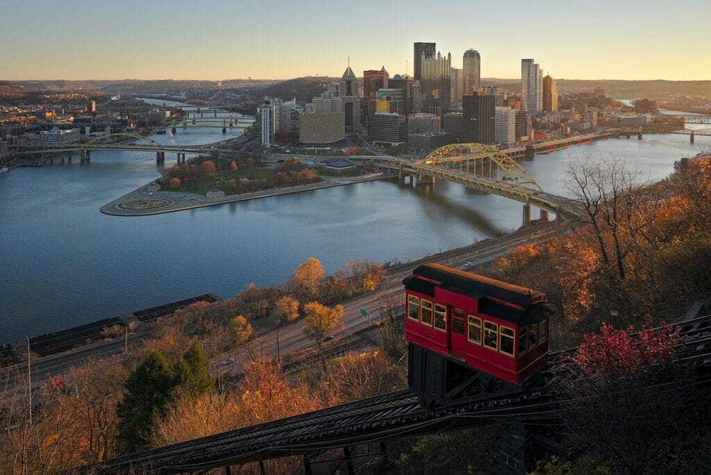 This is a classic composition viewed from the observation deck on at the top station of the Duquesne Incline in Pittsburgh. The Duquesne Incline is one of two surviving inclines in Pittsburgh, the other being the Monongahela Incline.