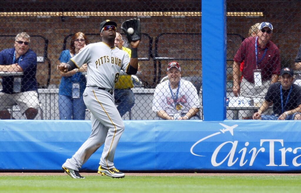 July 11, 2010; Milwaukee, WI, USA; Pittsburgh Pirates left fielder Lastings Milledge (85) catches a fly ball during the game against the Milwaukee Brewers at Miller Park.